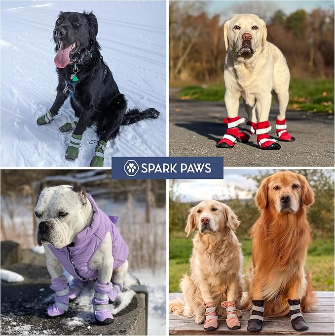 Spark Paws Dog Shoes, Waterproof Dog Boots for Medium to Large Dogs, Non Slip, Breathable Dog Booties and Paw Protectors - 4PCS Doggie Hiking Boots with Reflective Straps, Gray Camo, Size 7
