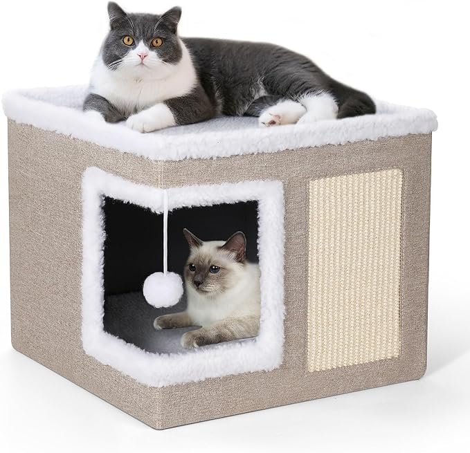petizer Cat Bed for Indoor Cats, Large Covered Cat House with Scratch Pad, Foldable Cat Cave Bed & Hideaway Cube with Reversible Cushions, Cute Cat Condo for Multi Small Pet Kitten (Khaki)