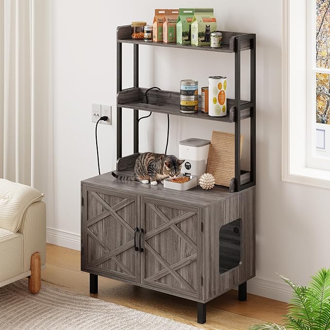 55 Inches Cat Litter Box Enclosure, Hidden Litter Box Furniture with 2 Storage Shelves and Charging Sockets, Wooden Cat House, Large Indoor Cabinet for Living Room & Entryway, Grey