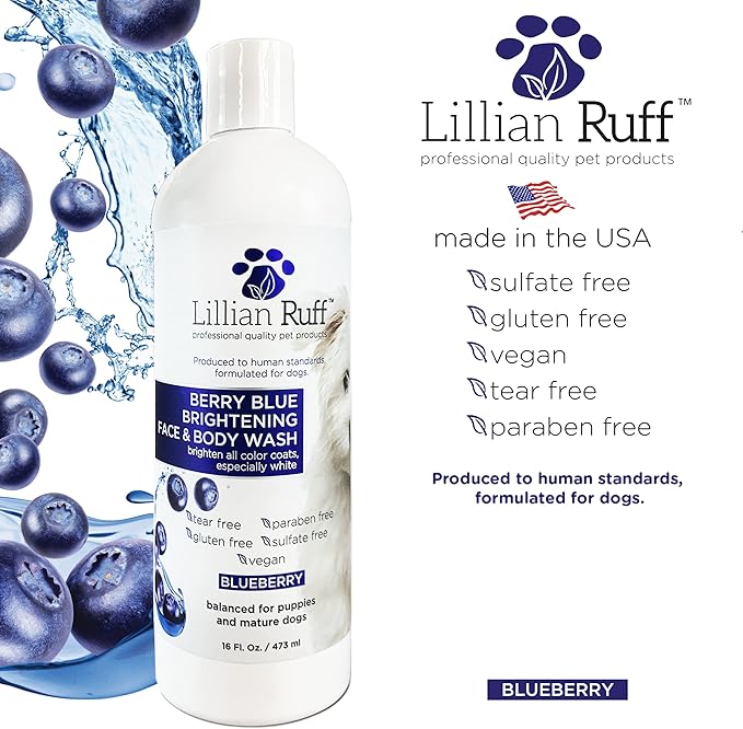 Lillian Ruff PRO Formula Berry Blue Brightening Dog Shampoo + Blueberry Waterless Dog Shampoo - Professional Whitening, Tear Stain Remover & No-Rinse Hydrating Odor Control, Aloe+Coconut Oil, USA Made