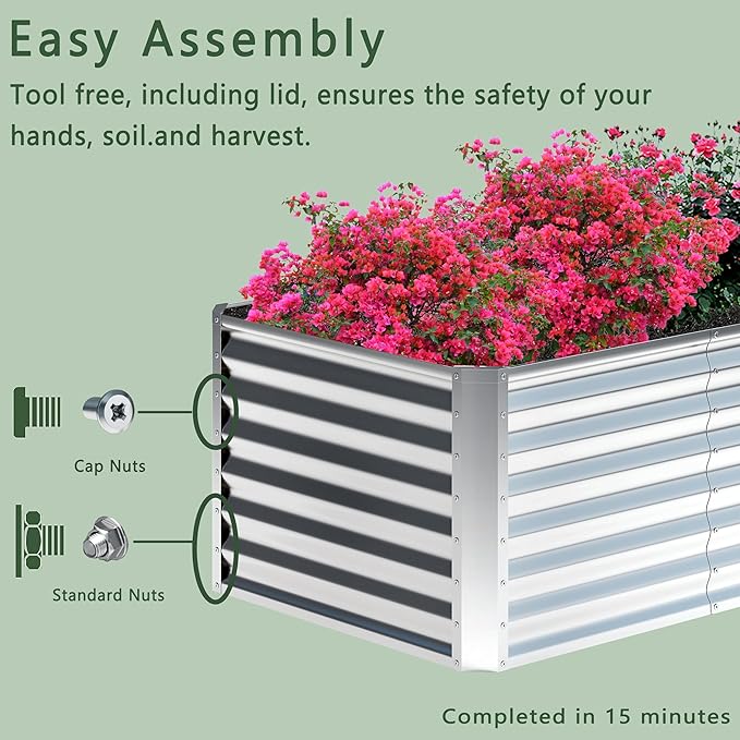 4x2x2FT Galvanized Raised Garden Bed,Planter Raised Beds-Metal Garden Box,Large Plant for Outdoor Planting, Vegetables Bed，Flower,herb-Sliver