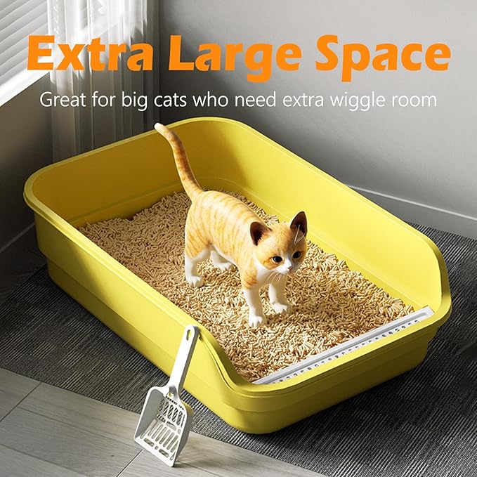 Extea Large Cat Litter Box with High Sides,Cat Boxes for Indoor Cats,Cat Litter Pan for Kitty,Litter Box with Low Entry,Easy to Clean,Anti-Splashing,23.6" x15.7" x6.2" (White)