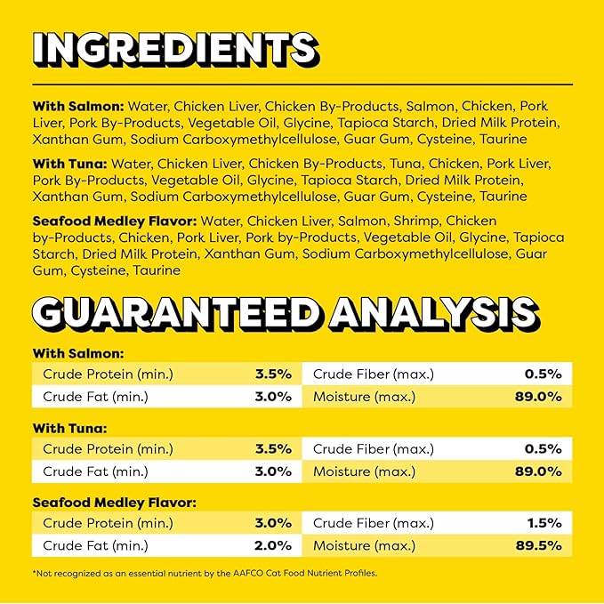 Temptations Creamy Puree Mix-Ups Squeezable Lickable Wet Cat Treats, Tuna Flavor, Salmon Flavor, and Seafood Medley Flavor, 0.42 oz. Tubes, 24 Count