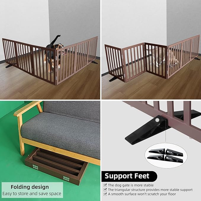ZJSF Freestanding Indoor Dog Gate for House Foldable Wood Puppy Gate for Doorways Pet Gate for Stairs Extra Wide Pet Fence, Brown, 24" Height 6 Panels