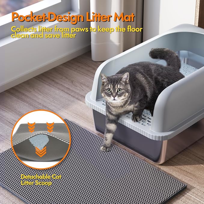 Stainless Steel Cat Litter Box with Lid, 20" L x 14.2" W x11.8 H, Large Cat Litter Box for Multiple Cats with High Sided, No-Leak & Stick, Easy to Clean, Includes Litter Mat & Multi Functional Scoop