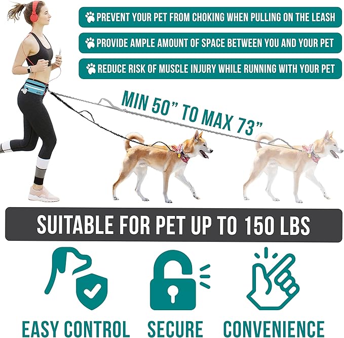 PetAmi Hands Free Dog Leash, Dog Running Leash Belt for Walking Jogging, Dog Waist Zipper Pouch Fanny Pack with Poop Bag Dispenser, Dual Padded Handle Bungee Leash for Small Medium Large Dogs, Double