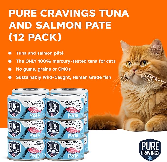 Tuna and Salmon Pate, Canned Wet Cat Food, 100% Mercury-Tested, Moist Can Fish, Grain-Free Protein, Non-GMO, 12 Pack