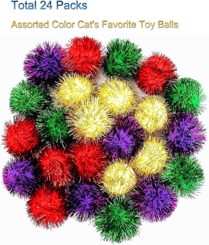 AUEAR, 24 Pack 2 Inch Extra Large Sparkle Cat Ball Glitter Tinsel Pom Pom Balls for Kittens (4 Assorsted Colors)