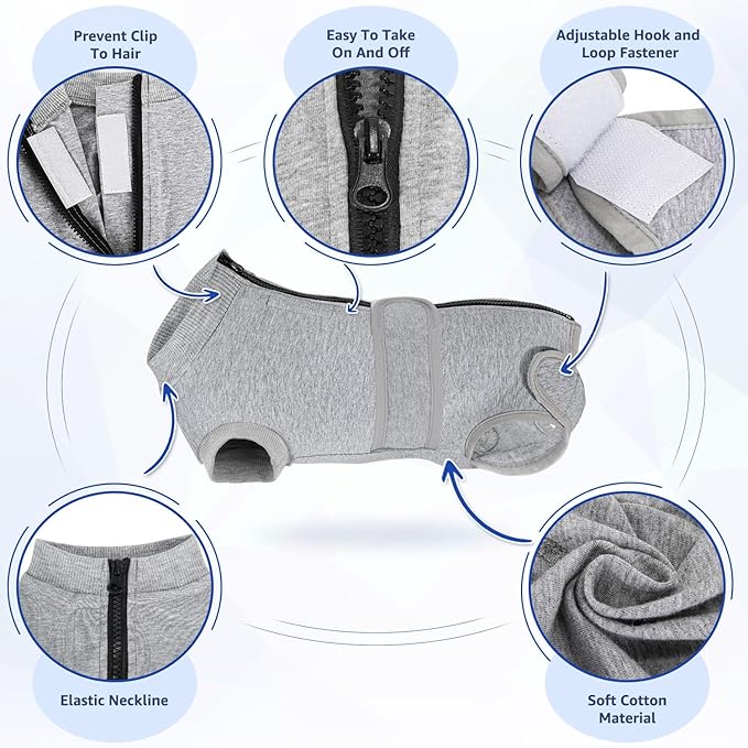 Lukovee Recovery Suit for Dogs, Zipper On Recovery Suit for Female Male Dog, Onesie Abdominal Wounds Cone E-Collar Alternative Prevent Licking Spay Recovery Suit (4XL, Grey)