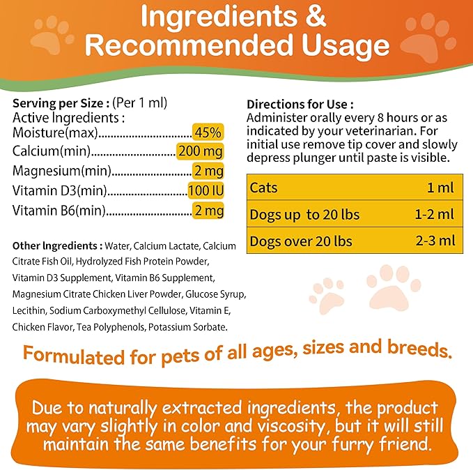 Oral Calcium for Whelping Dogs & Cats, Fast-Absorbing Calcium for Dogs, Supports Whelping Labor and Milk Production, Enhances Colostrum for Puppies, Daily Calcium Supplement for Pets - 1 oz