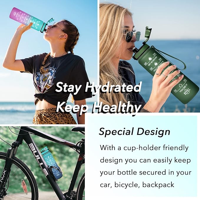 Enerbone Water Bottle, Leakproof BPA & Toxic Free, Motivational Water Bottle with Times to Drink and Straw, Fitness Sports Water Bottle with Strap for Office, Gym, Outdoor Sports