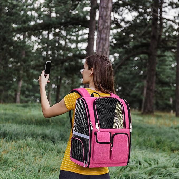 Pet Backpack, Airline Approved Dog Backpack, Cat Bag for Travel Hiking Bike Riding Walking Outdoor, Cat Backpack with Breathable Mesh(Pink)