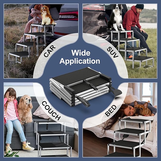 Dog Stairs for Car, Foldable Dog Ramp for Car with Non-Slip Surface, Portable Stairs Aluminum SUV, High Beds, Truck, Supports up to 150 lbs, 4 Steps