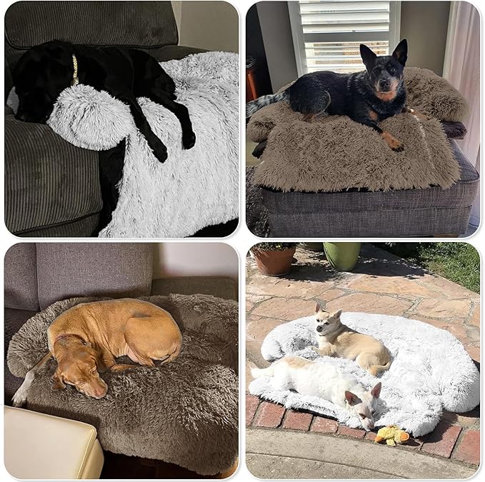 Calming Dog Bed Fluffy Plush Dog Mat for Furniture Protector with Removable Washable Cover for Large Medium Small Dogs and Cats (Small(35x31x5), Camel)