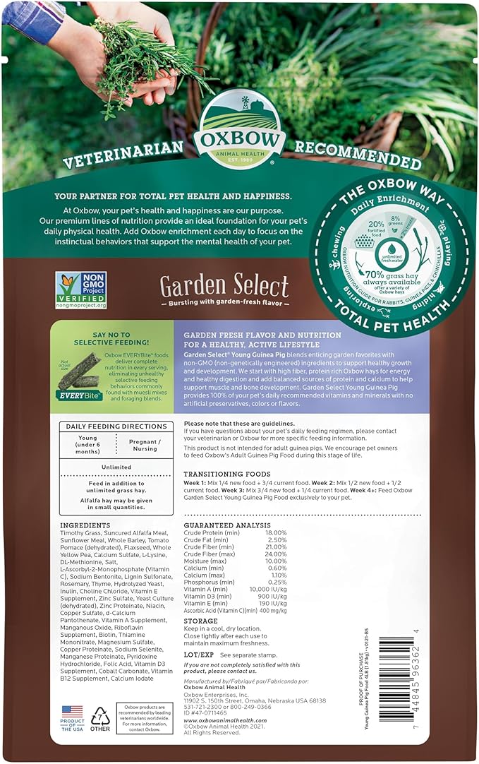Oxbow Garden Select Guinea Pig Food, Young, Made Alfalfa for Guinea Pig, Pet Food Pellets with Vitamin C, Non-GMO, No Soy, Small Animal Pet Products, Made in USA, High Fiber, 4 lb. Bag