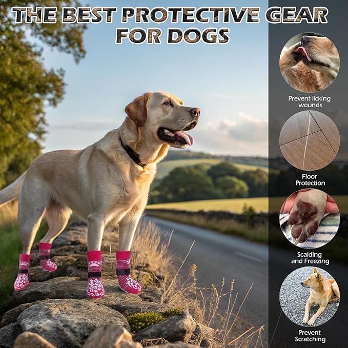 EXPAWLORER Anti Slip Dog Socks to Prevent Licking Paws, Dog Shoes for Hot Pavement, Dog Booties for Small Medium Large Senior Dogs, Traction Control Boots & Paw Protectors for Hardwood Floors Rose
