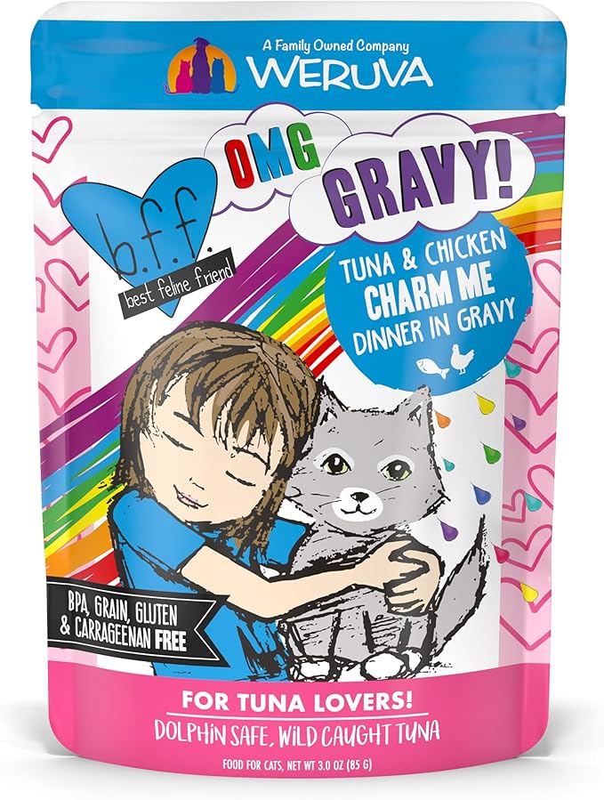 Weruva B.F.F. OMG - Best Feline Friend Oh My Gravy! Tuna & Chicken Charm Me with Tuna & Chicken in Gravy Cat Food, 3oz Pouch (Pack of 12)