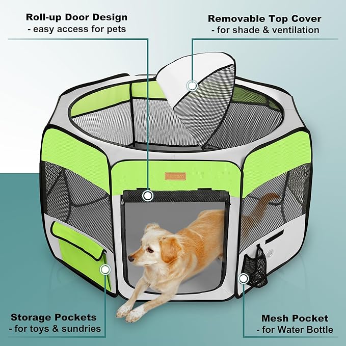 Dog Playpen, Portable Pet Play Pen for Cat, Puppies, Rabbits, Chickens, Foldable Large-Capacity Pet Tent for Indoor/Outdoor Travel Camping Green