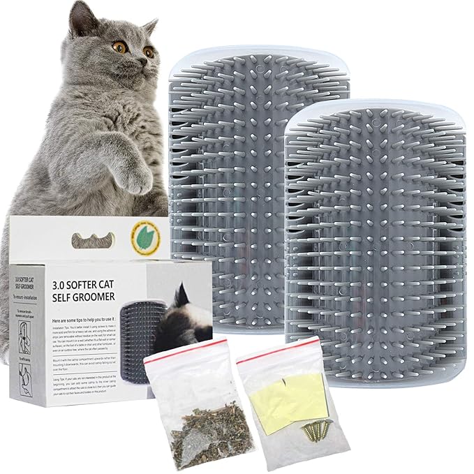2 PACK Cat Self Grooming Corner Scratcher with Catnip, Massage Comb Brush for Long & Short Fur