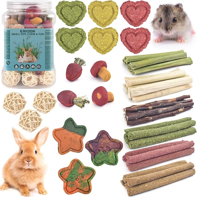 ERKOON 53 Bunny Chew Toys for Rabbits Teeth, Natural Rabbit Toys Apple Wood Sticks, Carrot, Timothy Grass for Small Pets, Hamster, Chinchilla, Guinea Pig Dental Care and Treat Teething(53)