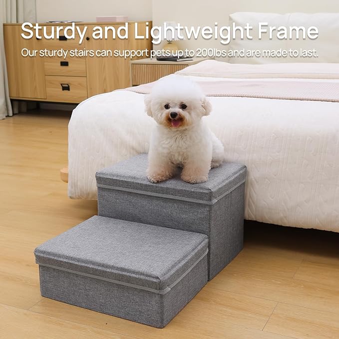 Foldable Dog Stairs/Steps 2-Tier Pet Steps Storage and Adjustable Steps for Small Medium Dogs Pet Steps Storage Stepper for High Beds Sofa Pet Dog Cat (2 Step-Light Grey)