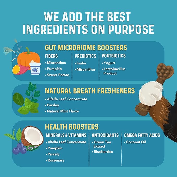 Bernie's Charming Chompers - Daily Dental Chews for Dogs - Cleans Teeth, Freshens Breath, + Boosts Oral-Gut Microbiome. Easy to Digest, Supports Healthy Digestion Naturally (36 oz, Small Dogs)