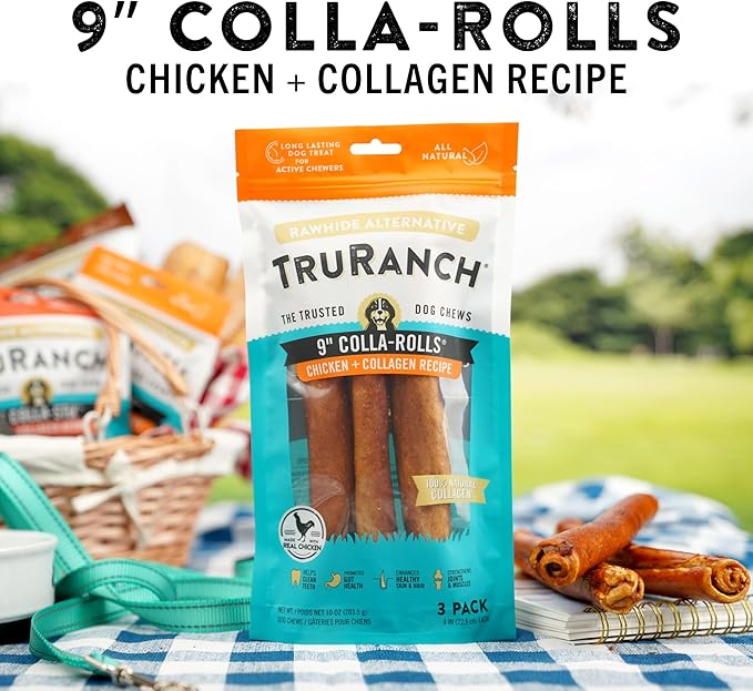 Collagen Rolls - 9" Collagen Rolls for Dogs - Long Lasting Healthy Joint Support Dog Treat - Rawhide Alternative - Skin & Coat Health - Made with Real Chicken, 1 Bag, 3 Count