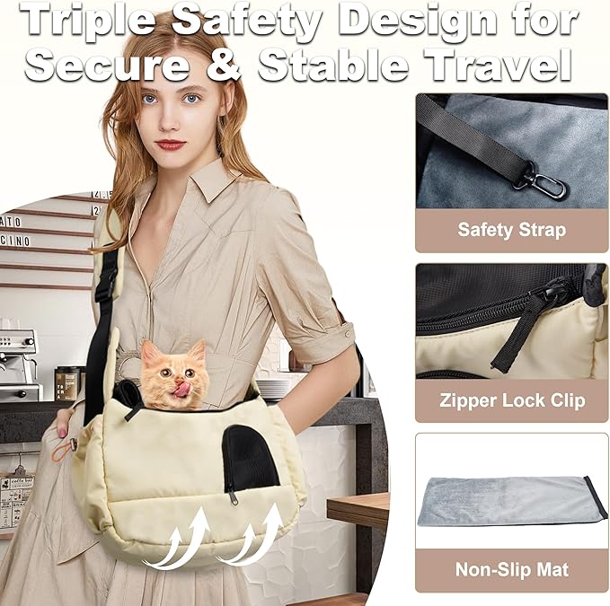 Cat Sling, Dog Carrier Sling for Kitten and Puppy up to 8.8 lbs, Breathable Cats Carrier Pouch Pet Purse with Soft Mat, Hands-Free Pet Carrier with Safety Harness and Pockets for Travel, Yellow