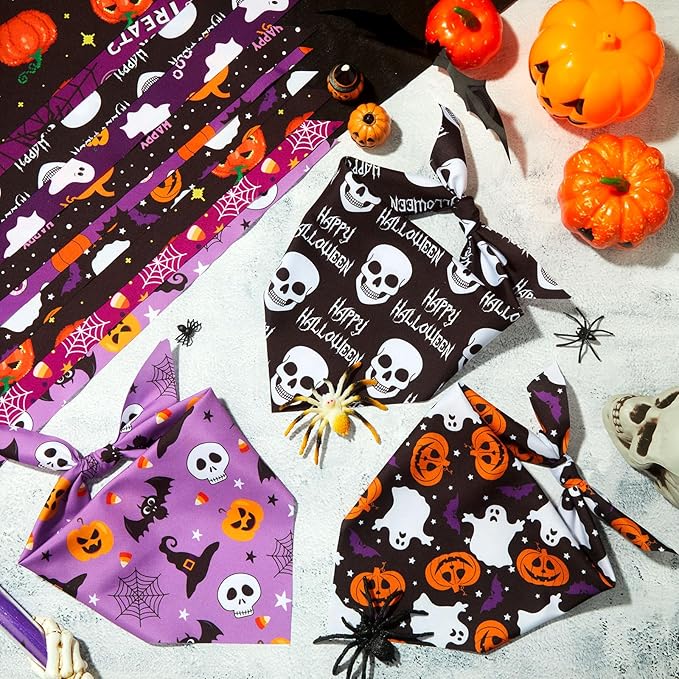 Weewooday 50 Pcs Halloween Dog Bandanas Bulk Pumpkin Ghost Bandanas for Dogs Soft Triangle Bibs Adjustable Triangle for Small Medium Large Pets Halloween Party Costume(25.6 x 17.7 x 17.7 inch)