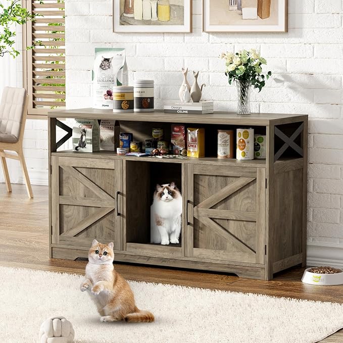 Cat Litter Box Enclosure for 2 Cats, 47" Double Hidden Litter Box Furniture with Scratch Pad, Farmhouse Indoor Litter Box Cabinet Cat Washroom, Grey