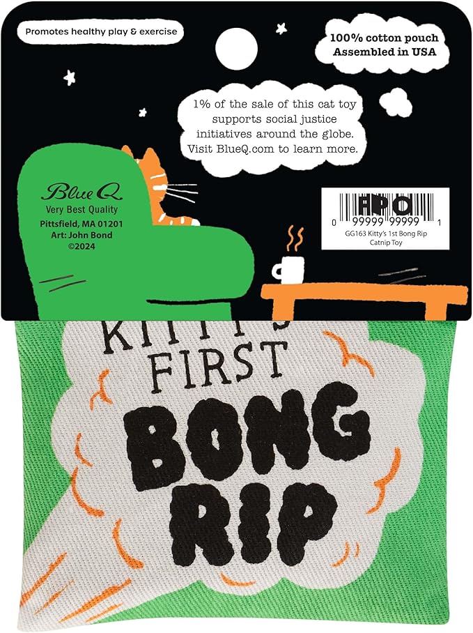 Blue Q Kitty's First Bong Rip Catnip Cat Toy. Premium Organic Catnip Grown in The USA, 100% Cotton Pouches, Kitty Graphics Sure to Delight Every Cat-Keeper.