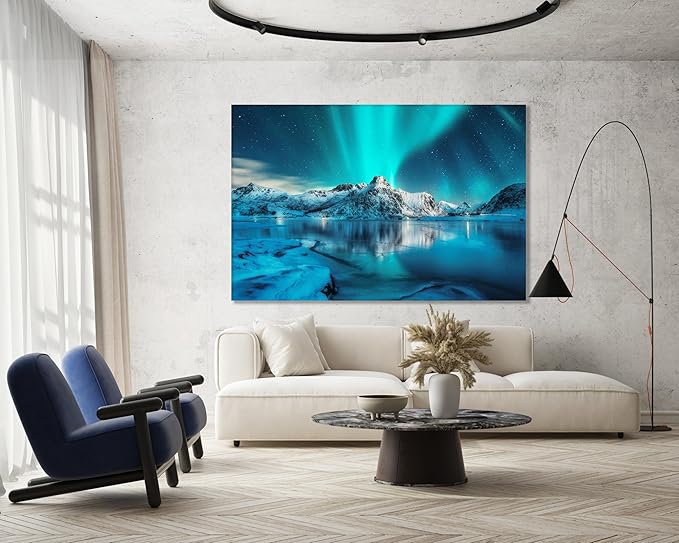 Nature Wall Art Prints - Ocean Forest Mountain Lake Canvas Landscapes - Small to Extra Large Living Room Bedroom Kitchen Bathroom Décor (Northern Lights Over Lake, 31L" x 47W")