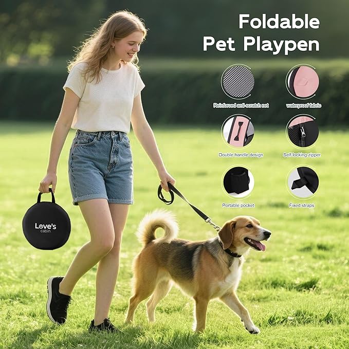 Love's cabin Pet Puppy Dog Playpen, Medium Dog Tent Crates Cage Indoor/Outdoor, Portable Exercise Playpen for Cat, Foldable Pop Up Dog Kennel Playpen with Carring Case (M, Pink)