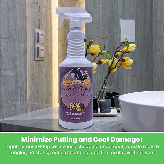 Best Shot Ultra-Vitalizing Mist Detangler and Conditioner with Pet Coat Release Technology, Moisturizing Conditioner for Dogs, Cats, and Horses, Hypoallergenic, 32 Oz.