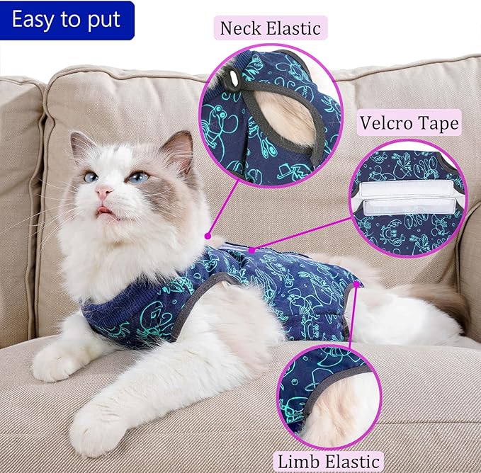 Cat Surgery Recovery Suit Onesie for Cats After Surgery for Surgical Abdominal Wound Or Skin Diseases E-Collar Alternative Wear Neutering Bodysuit Wear (Dark-Blue-M)