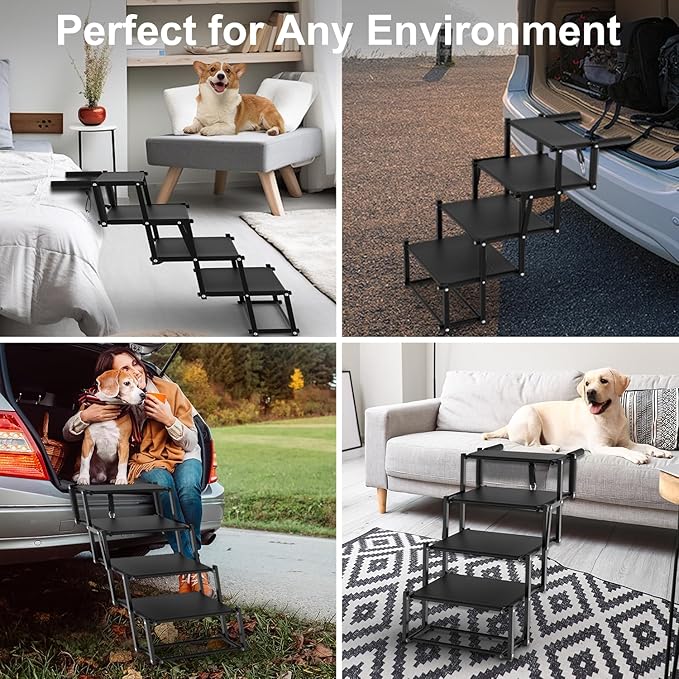 Extra Wide Dog Stairs for Large Dogs, Foldable Dog Ramp for Car with Non-Slip Surface, Lightweight Dog Stairs for Cars, Dog Steps for Cars, SUV, High Beds, Truck, Supports up to 250 lbs, 4 Steps