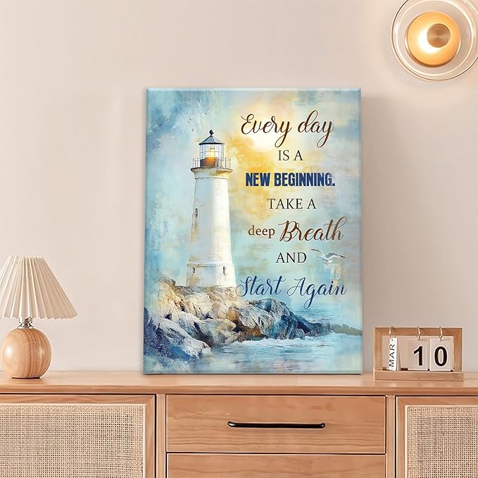 Ocean Lighthouse Pictures Wall Art, Coastal Nautical Bathroom Wall Decor Every Day is a New Beginning Motivational Quote Framed Painting Canvas Artwork for Bedroom Living Room Decorations 16"L x 12"W