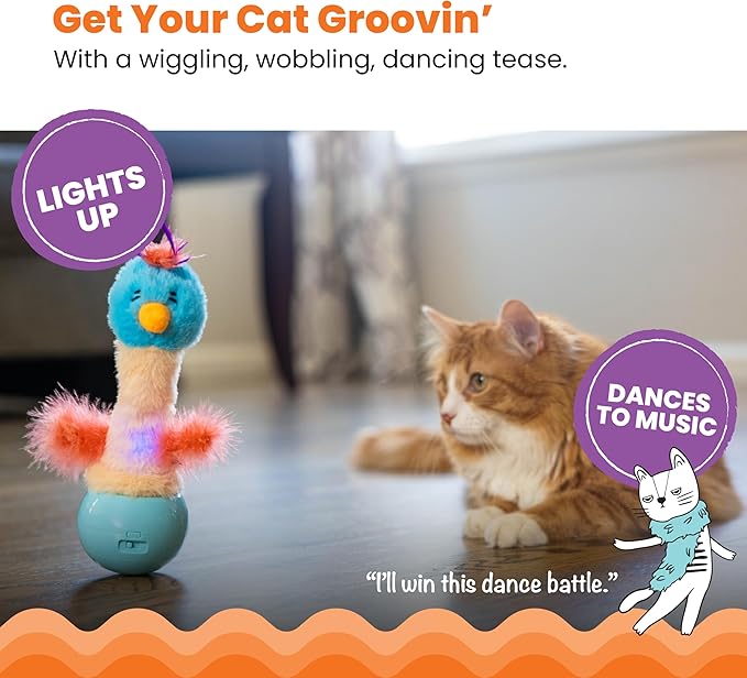 Catstages Electronic Dancing Ostrich Interactive Cat Toy, Wobbles and Plays Music, Battery Powered, Plush, Blue