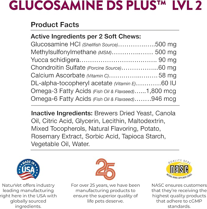 NaturVet – Glucosamine DS Plus - Level 2 Moderate Care – Supports Healthy Hip & Joint Function – Enhanced with Glucosamine, MSM & Chondroitin – for Dogs & Cats–70 Soft Chews