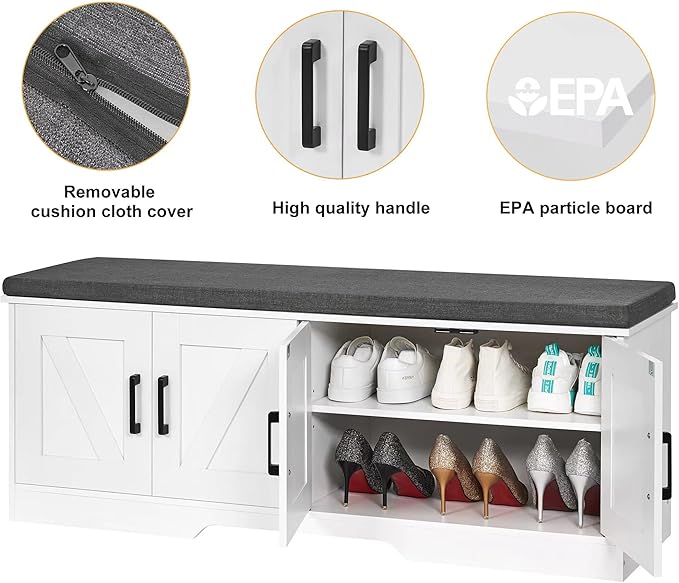 2-Tier Storage Bench, Shoe Bench with Padded Seat Cushion, Entryway Bench with 4 Barn Doors, Adjustable Shelf, 13.8" D x 47.2" W x 17.7" H, for Entryway, Living Room, Bedroom, White