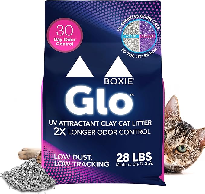 Boxie® Glo™ 30 Day Odor Control Clumping Clay Cat Litter, 28lb, Multi-Cat, 99.9% Dust-Free, Low Tracking, UV Light Attractant, Superior Clumping for Easy Scooping