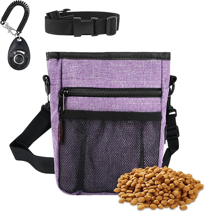 Dog Treat Pouches for Pet Training with Magnetic Closure Treat Pouches for Pet Training,Large Dog Treat Training Pouch and Dog Clicker,Training Treat Pouch Built-In Poop Bag Dispenser-Purple.