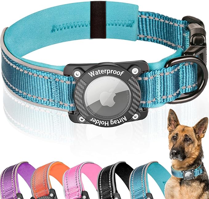 Upgraded AirTag Dog Collar, IP68 Waterproof Dog Collar with Apple Air Tag Holder, Reflective Adjustable Heavy Duty Dog Collars with Soft Padded for Small, Medium and Large Dogs,Blue, S