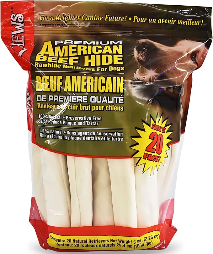 Canine Chews 10-11" Rawhide Bones for Large Dogs, Durable USA Beefhide Dog Rawhide Chews, Retriever Rolls 20 Pack (5 lbs)
