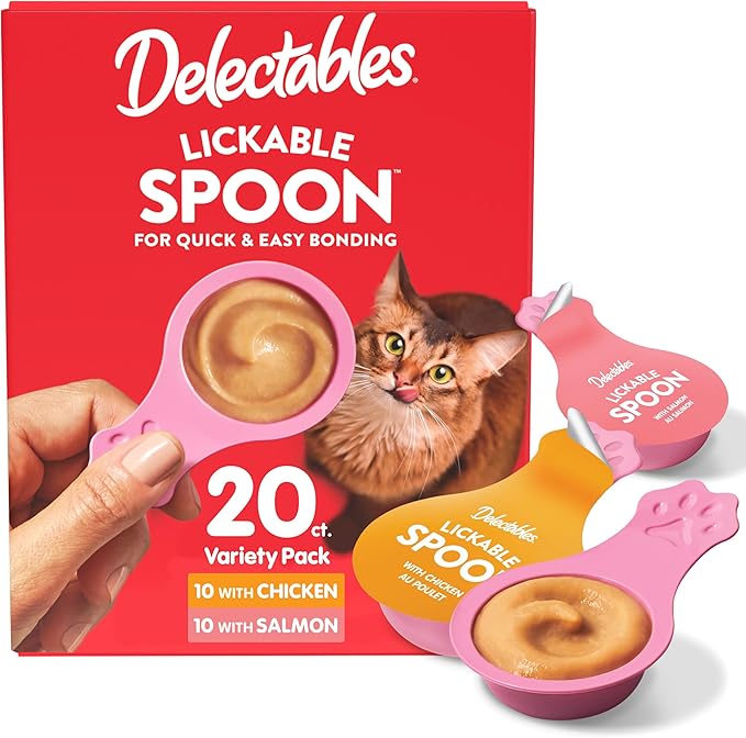 Delectables Lickable Spoon™ Handheld Wet Cat Treats Made with Real Chicken & Salmon, Creamy Puree, Mess Free, Quick & Easy, Grain-Free, No Added Fillers, No Added Preservatives, Variety Pack, 20ct