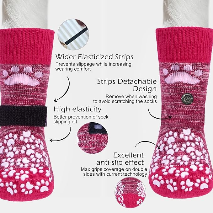 EXPAWLORER Anti Slip Dog Socks to Prevent Licking Paws, Dog Shoes for Hot Pavement, Dog Booties for Small Medium Large Senior Dogs, Traction Control Boots & Paw Protectors for Hardwood Floors Rose