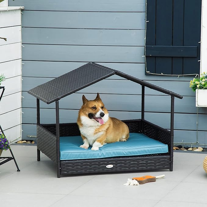 PawHut Wicker Dog House Outdoor with Canopy, Rattan Dog Bed with Water-Resistant Cushion, Raised Dog Bed for Small, Medium Dogs up to 66 lbs, 19.75" in Length, Brown Wicker, Blue Cushion