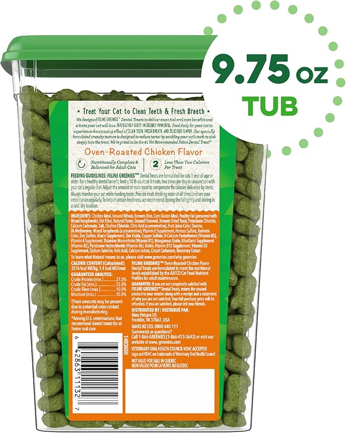 Greenies Feline Adult Dental Cat Treats, Oven Roasted Chicken Flavor, 9.75 oz. Tub