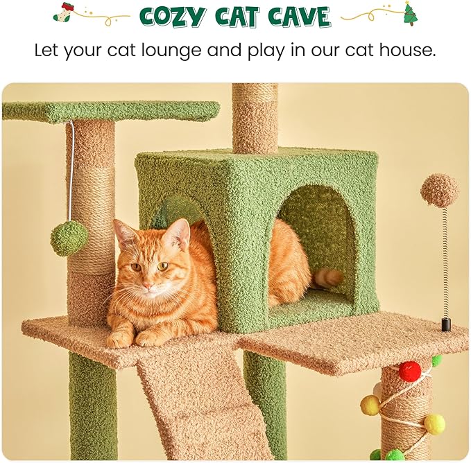 MWPO 63.8 Inches Green Cat Tree for Indoor Cats, Multi-Level Cat Tower with Sisal-Covered Scratching Posts, Padded Platform, Hammock, Dangling Toys, Stable Cat Condo Pet Play House