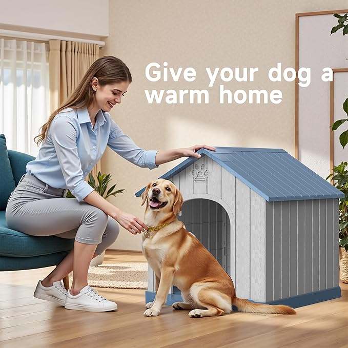 DRATO Indoor Outdoor Waterproof Dog House,PP Material,Puppy Shelter with Air Vents and Elevated Floor,Sturdy Dog Kennel for Small to Large Sized Dogs, Easy to Assemble (Blue, 38.62×36.26×38.07 Inches)